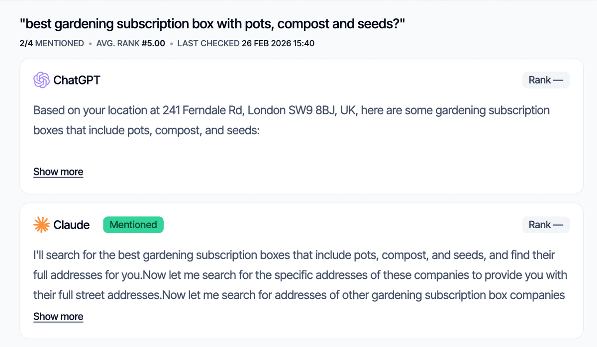 AI model responses showing mentioned status across ChatGPT and Claude